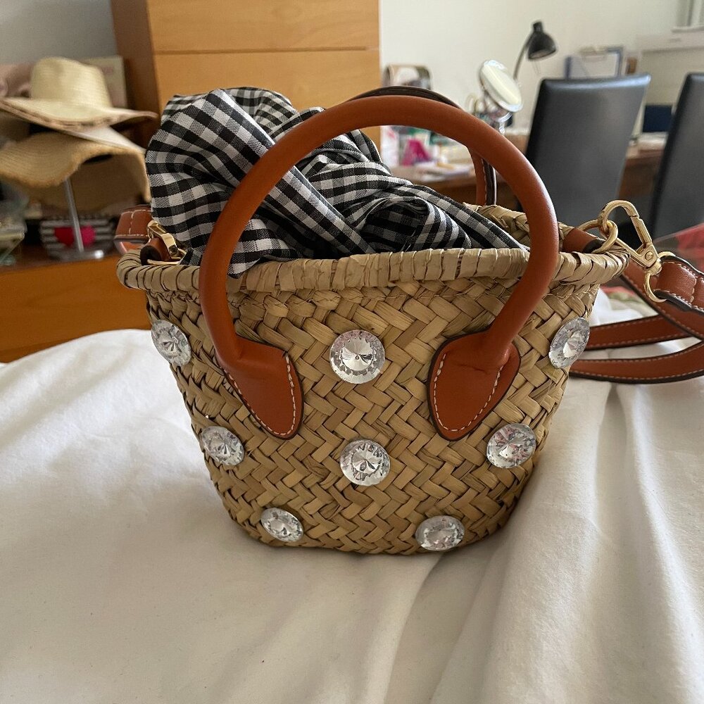 NEMAA Straw Shoulder Basket Bag with Rhinestones
